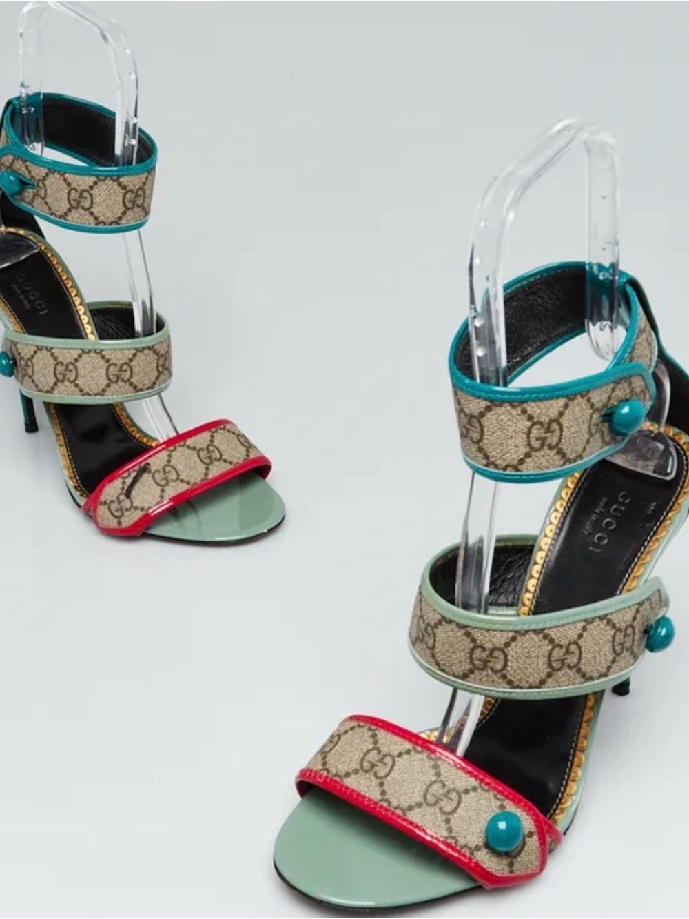 Gucci GG Monogram Multicolor Strappy High Heel Sandals Turquoise Pink Size 38